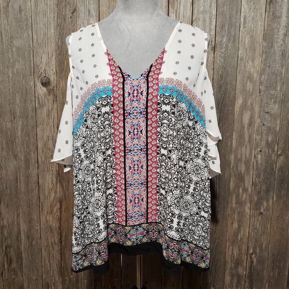 DR2 Tops - DR2 Top Blouse XL White Mosaic Medallion Cold Shoulder Flutter Sleeve Paisley